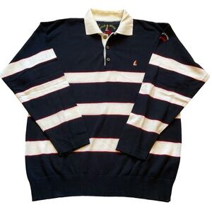 Gold & Wool Yachting Men’s Long Sleeve Collard Preppy Polo Blue White Stripes-L